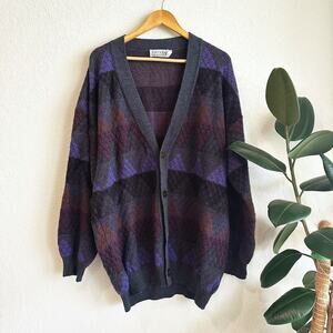 VTG Progetto Men Wool Blend Button Cardigan 2XL Colorful Purples 80s-90s Grandpa